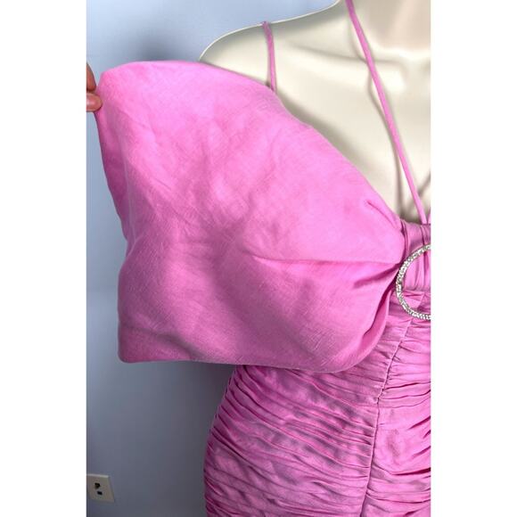RASARIO Bow Embellished Draped Off the Shoulder Pink Linen Mini Dress Size 2 - Picture 7 of 13